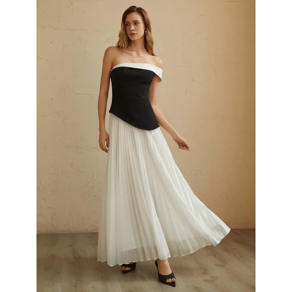 Commense Off-Shoulder Black and White Evening Gown Formal Dress Large